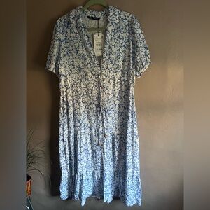 Zara Light Blue Floral Midi Button-Front Dress